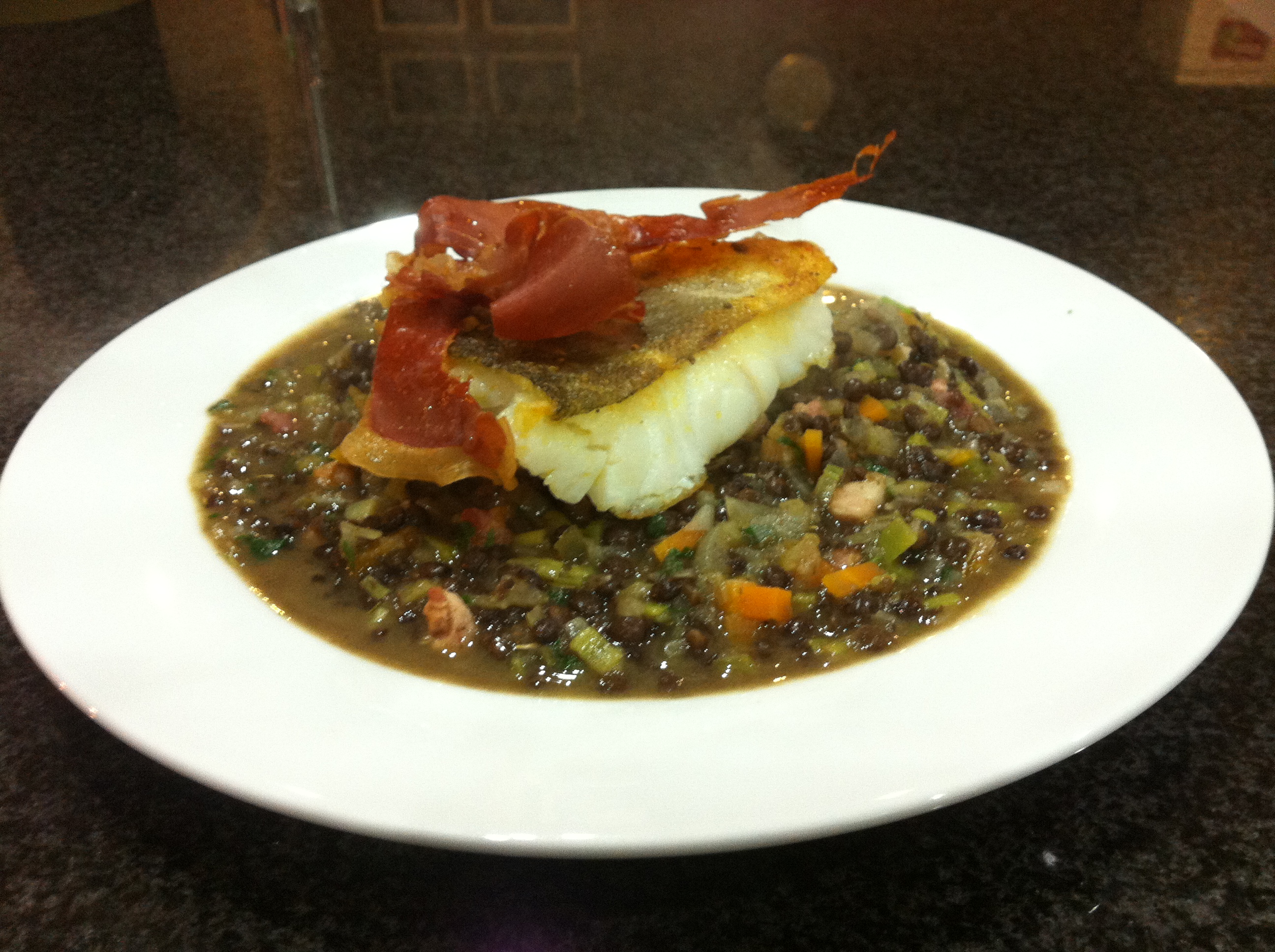 Cod with Braised Lentils and Prosciutto