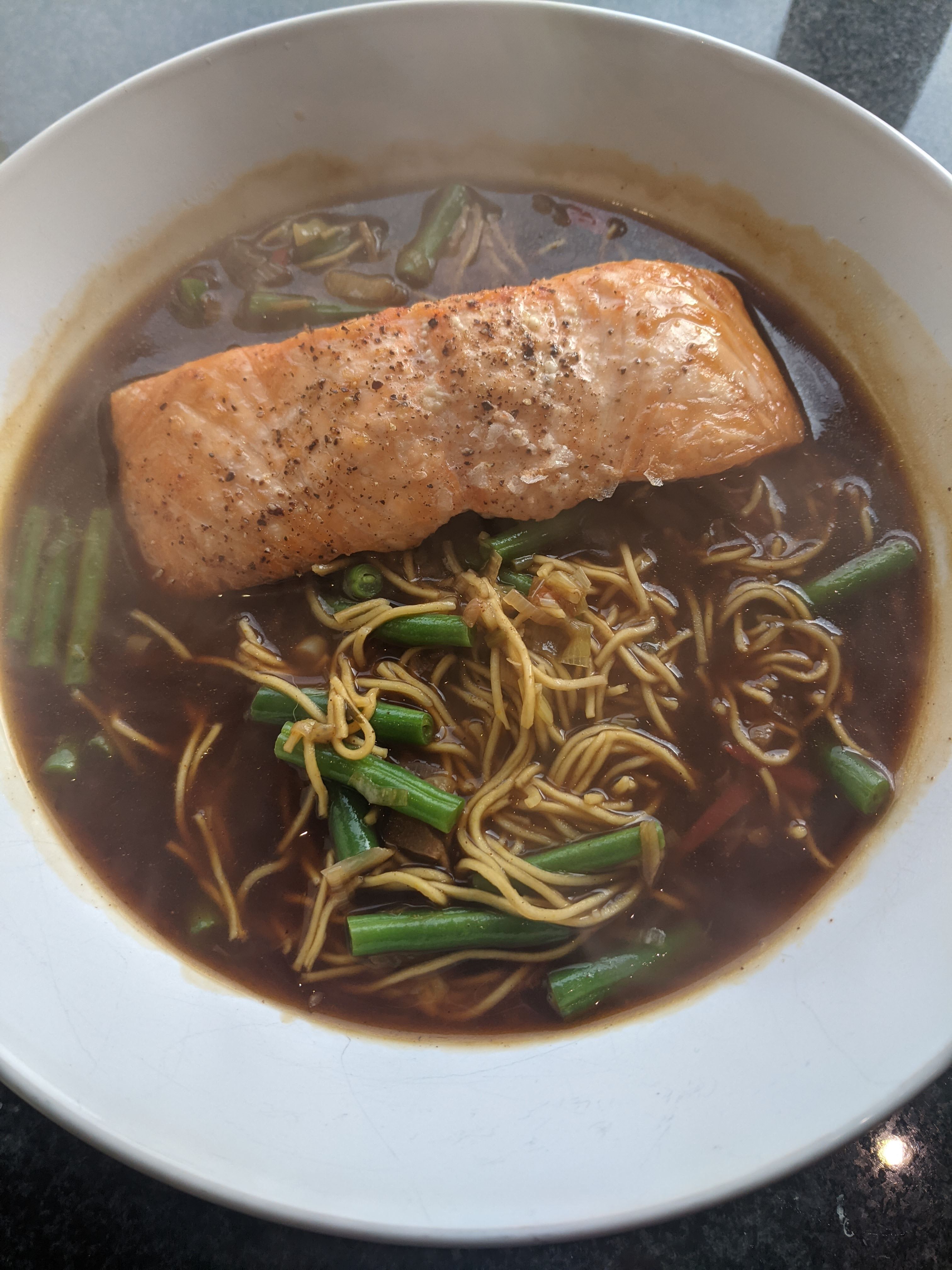 Salmon with Asian noodle broth